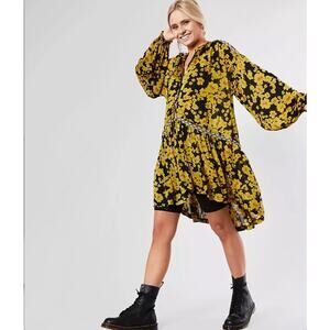 Free People yellow floral semi sheer tunic dress